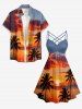 Coconut Tree Seascape Cloud Print Ruched Lattice Crisscross Straps Hawaii Dress -  