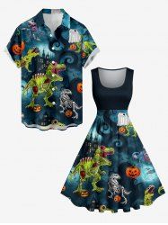 Halloween Skeleton Dinosaur Pumpkin Bat Castle Tree Print Matching Outfit For Couples -  