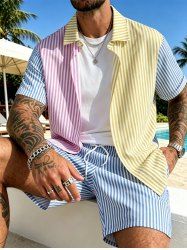 Men's Matching Two Piece Co Ord Striped Button Up Short Sleeves Shirt And Drawstring Shorts Set - Bleu Poudre M