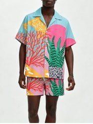 Men's Matching Two Piece Vibrant Coral Potted Plants Print Camp Collar Short Sleeves Shirt And Drawstring Shorts Set - Rose clair M