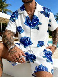 Men's Matching Two Piece Blue Floral Rose Print Camp Collar Short Sleeves Shirt And Drawstring Shorts Set -  