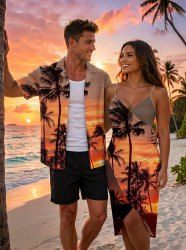 Coconut Tree Sun Cloud Ombre Print Matching Hawaii Beach Outfit For Couples -  