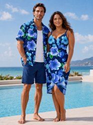 Hibiscus Flower Leaf Print Matching Hawaii Beach Outfit For Couples -  
