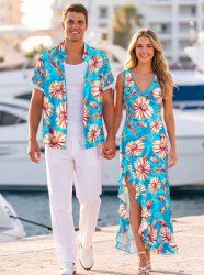 Daisy Flower Leaf Print Matching Hawaii Beach Outfit For Couples -  