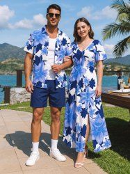 Flower Leaf Print Matching Hawaii Beach Outfit For Couples -  