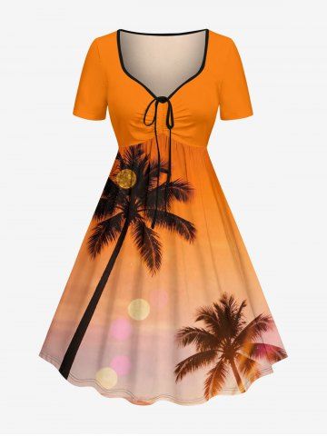 Coconut Tree Ombre Print Cinched Hawaii Dress - ORANGE - 1X