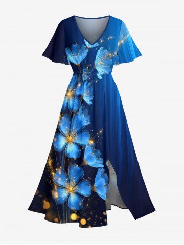 Flowers Stripes Glitter 3D Print Split Hawaii Midi Dress - DEEP BLUE - 6X