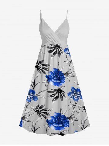 Robe camisole croisée hawaïenne à imprimé fleurs et feuilles - LIGHT GRAY - 1X