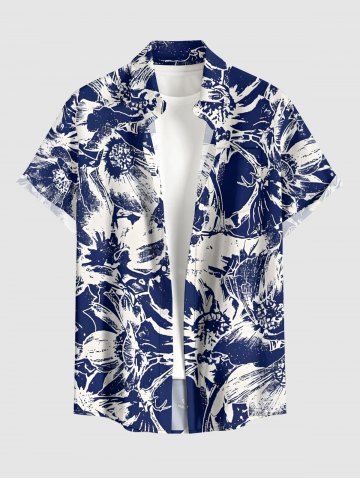 Flowers Print Buttons Pocket Hawaii Shirt For Men - BLUE - M