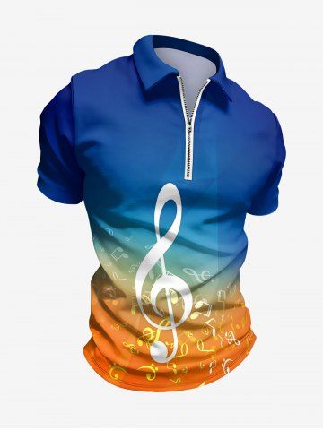 Ombre Music Symbol Print Hawaii Zipper Polo Shirt For Men - BLUE - S