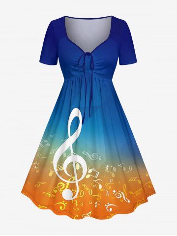 Robe trapèze hawaïenne à taille cintrée à imprimé dégradé de symboles musicaux - BLUE - XS