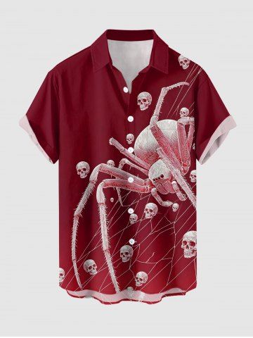 Halloween Skulls Spider Web Insect Print Button Pocket Shirt For Men - RED WINE - 3XL