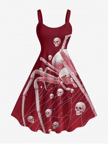 Robe trapèze Halloween à imprimé crânes, toiles d'araignée et insectes - RED WINE - L