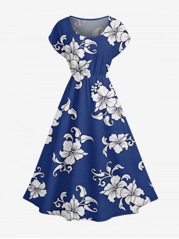 Robe trapèze hawaïenne à imprimé fleurs et feuilles d'hibiscus - BLUE - XS