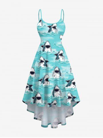 Shark Sea Print Hawaii High Low Asymmetric Dress - LIGHT BLUE - 6X