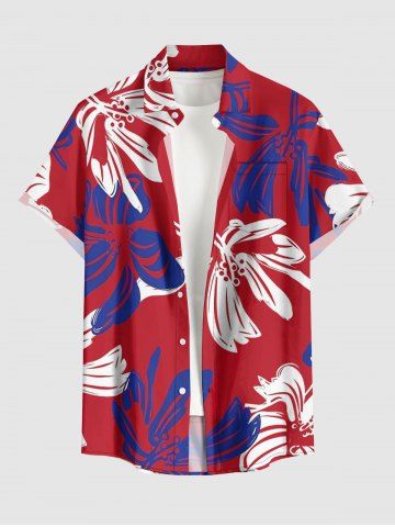 Two Tone Flower Print Hawaii Button Pocket Shirt For Men - RED - XL