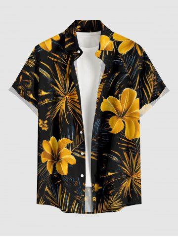 Chemise hawaïenne pour homme à imprimé fleurs et feuilles tropicales, boutons et poche - GOLDEN BROWN - 4XL