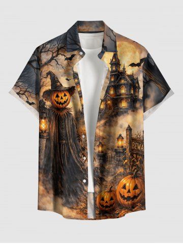 Halloween Pumpkin Witches Bat Castle Moon Tree Ombre Print Button Pocket Shirt For Men - LIGHT BROWN - M