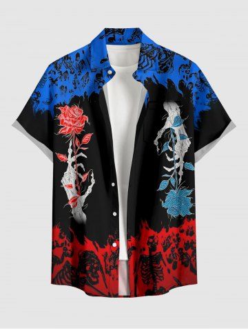 Halloween Skeleton Two Tone Rose Flower Print Button Pocket Shirt For Men - BLUE - 4XL