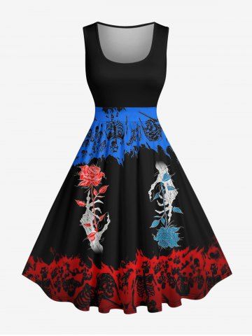 Halloween Skeleton Two Tone Rose Flower Print Vintage Swing A Line Dress - BLUE - XS