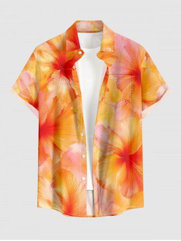 Hibiscus Flowers Print Buttons Pocket Hawaii Shirt For Men - ORANGE - 6XL