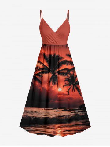 Robe à fines bretelles cache-cœur hawaïenne imprimé cocotiers, soleil et bord de mer - BRICK RED - 6X