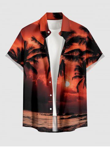 Chemise hawaïenne pour homme, imprimé cocotiers, soleil et bord de mer, boutons et poche poitrine - BRICK RED - 5XL