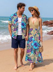 Hibiscus Flower Leaf Print Matching Hawaii Beach Outfit For Couples -  