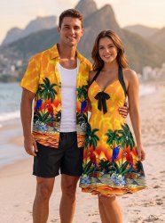 Coconut Tree Flowers Leaf Print Matching Hawaii Beach Outfit For Couples -  