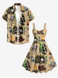 Alien Glorilla Boots Chair Fire Flame Latern Print Matching Hawaii Beach Outfit For Couples -  