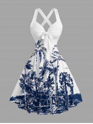 Coconut Tree Print Crisscross Straps Bowknot Hawaii Tank Dress -  
