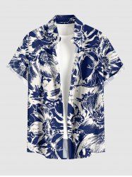Flowers Print Buttons Pocket Hawaii Shirt For Men - Bleu M