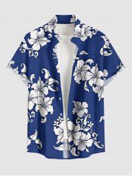 Hibiscus Flower Leaf Print Hawaii Button Pocket Shirt For Men -  