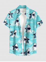 Chemise hawaïenne pour homme à imprimé requin et mer, boutons et poche - Bleu clair 6XL