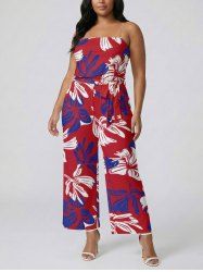 Combinaison bicolore à imprimé floral avec poche Hawaii, ceinture amovible et bretelles d'épaules - Rouge 1X