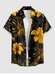Chemise hawaïenne pour homme à imprimé fleurs et feuilles tropicales, boutons et poche - Brun Doré 6XL