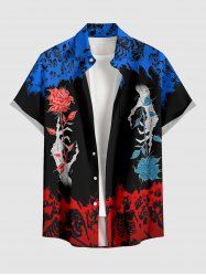 Chemise pour homme Halloween à imprimé squelette et roses bicolores, à boutons avec poche - Bleu M