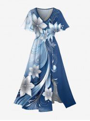 Flowers Ombre Colorblock Print Split Hawaii Midi Dress -  
