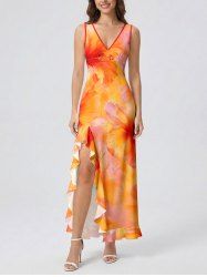 Robe portefeuille fendue à volants imprimé fleurs d'hibiscus hawaïennes - Orange S