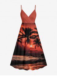 Coconut Tree Sun Seascape Print Surplice Hawaii Cami Dress -  