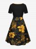 Robe hawaïenne ceinturée à imprimé fleurs et feuilles tropicales - Brun Doré 6X