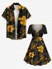Robe hawaïenne ceinturée à imprimé fleurs et feuilles tropicales - Brun Doré 6X