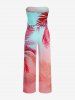 Combinaison Hawaï avec poche, imprimé dégradé de feuilles tropicales, ceinture amovible et bretelles - Rouge Rose 1X