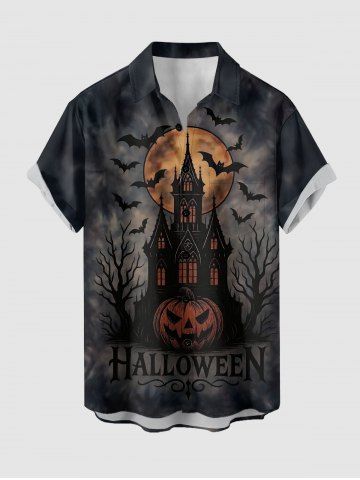 Halloween Pumpkin Bat Moon Castle Print Buttons Pocket Shirt For Men - BLACK - S