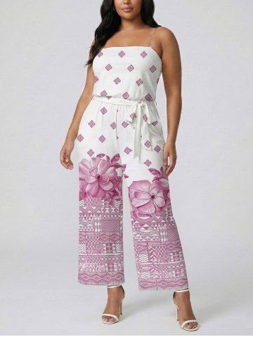 Ethnic Geometric Graphic Flower Print Hawaii Pocket Jumpsuit with Removable Belt and Shoulder Strap - PINK - L