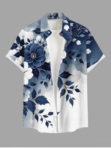 Chemise hawaïenne pour homme à imprimé ombré de fleurs, feuilles et branches, avec boutons et poche - DEEP BLUE - 2XL