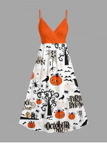 Robe portefeuille débardeur à imprimé citrouille d’Halloween, toile d’araignée, arbre, corbeau et chauve-souris - WHITE - 3X