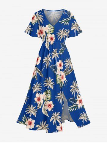 Hibiscus Flower Tropical Leaf Print Split Hawaii Midi Dress - BLUE - 6X