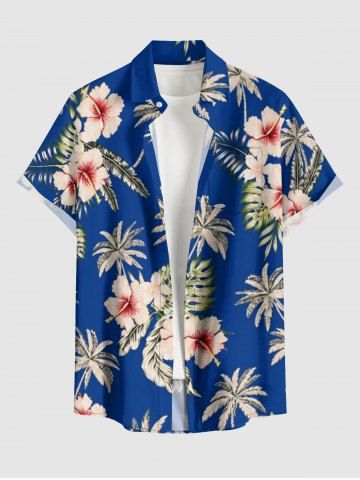 Hibiscus Flower Tropical Leaf Print Buttons Pocket Hawaii Shirt For Men - BLUE - 3XL