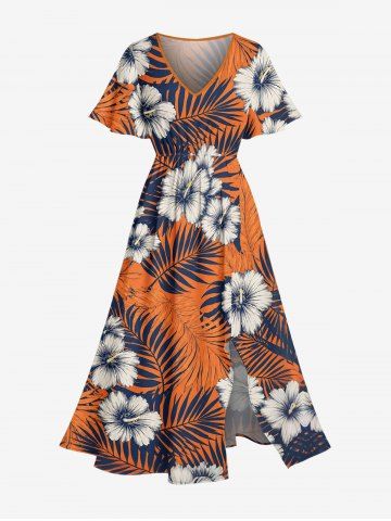 Robe midi hawaïenne fendue à imprimé fleurs d'hibiscus et feuilles tropicales - ORANGE - 3X